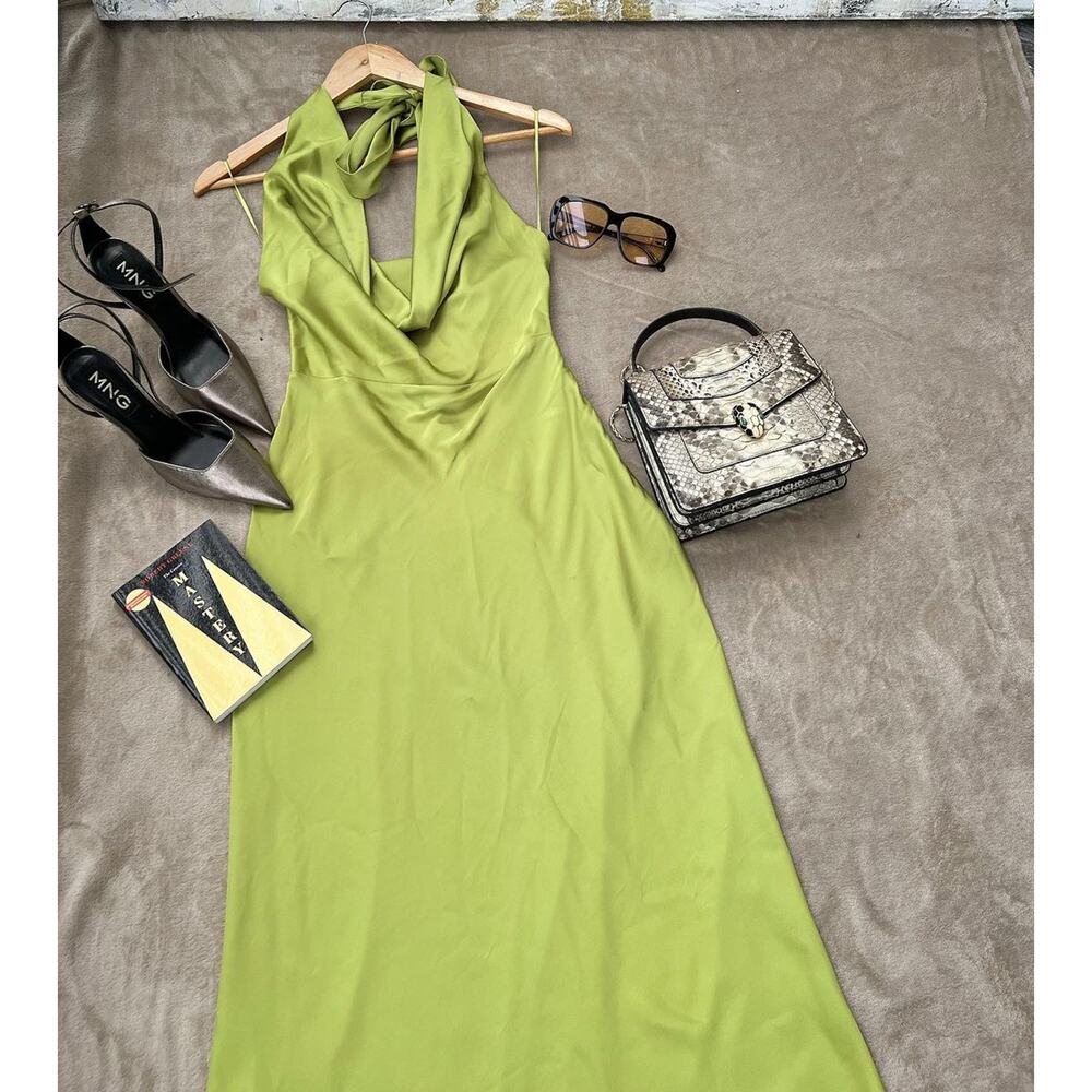 MANGO Green Open Back Satin Midi Dress NWT Cowl Neck Wedding Guest - Picture 16 of 16